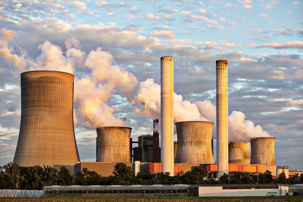 coal power station steem chimneys and cooling towers