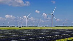 Solar panels and Wind farms against a backdrop of a blue sky with wisps of white cloud showing Australia's Energy Transition